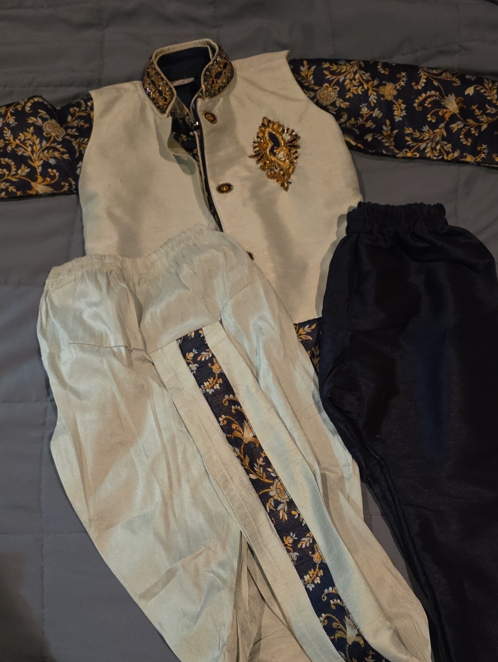 Boys Traditional Cream & Navy Embroidered Kurta Set